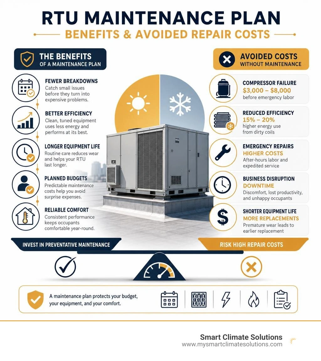RTU maintenance plan benefits and avoided repair costs infographic RTU maintenance plan benefits and avoided repair costs infographic
