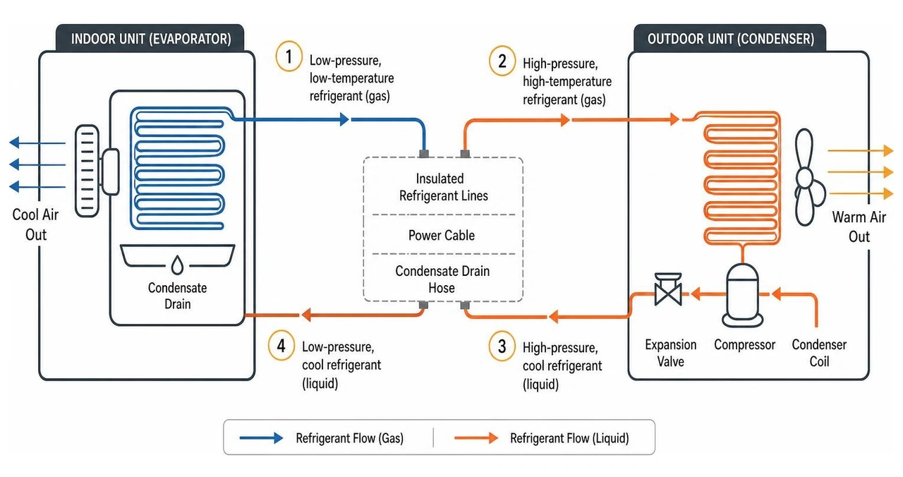 Refrigerant circulation between indoor and outdoor mini split units Refrigerant circulation between indoor and outdoor mini split units
