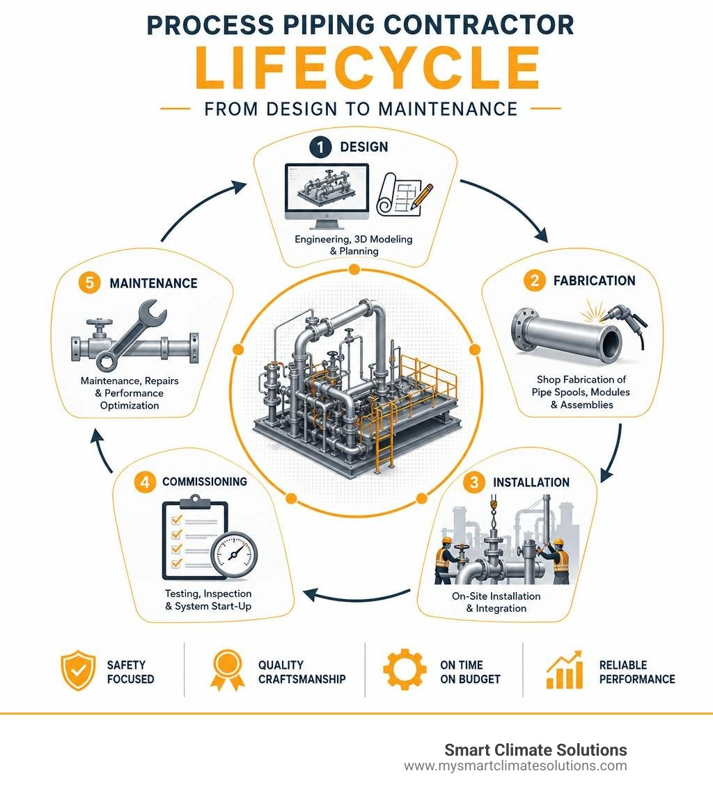Process piping contractor lifecycle from design to maintenance infographic infographic Process piping contractor lifecycle from design to maintenance infographic infographic