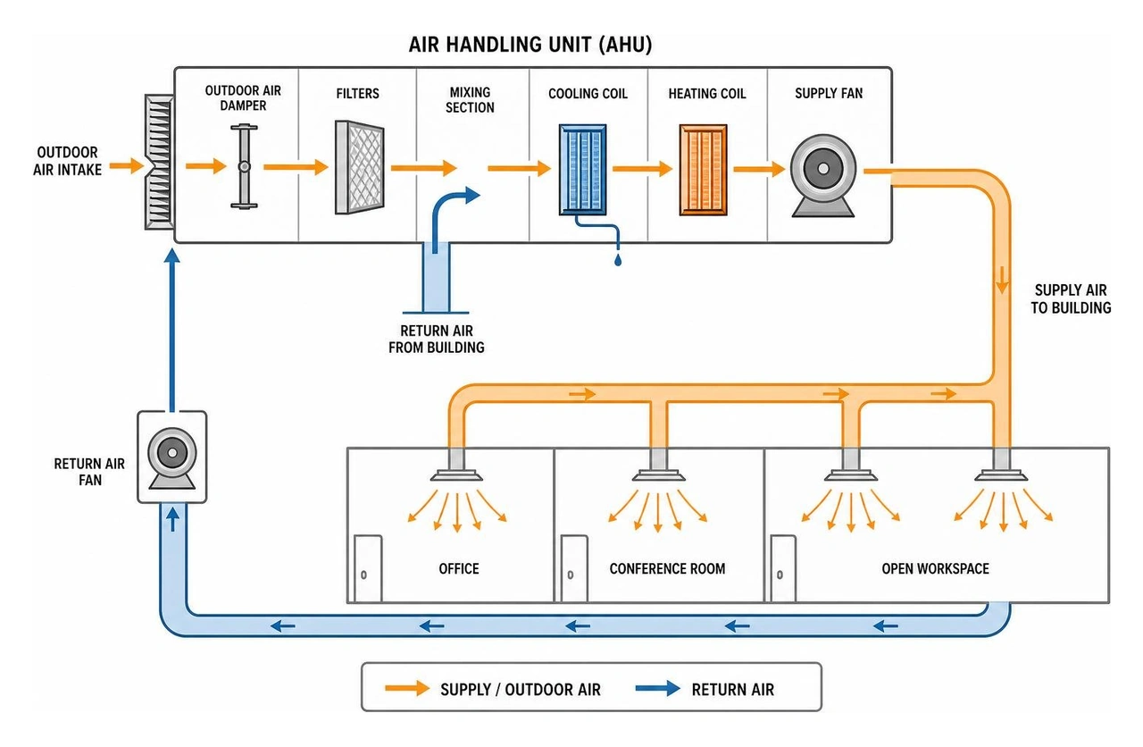 Diagram showing air flow through a commercial air handling unit and ductwork network Diagram showing air flow through a commercial air handling unit and ductwork network