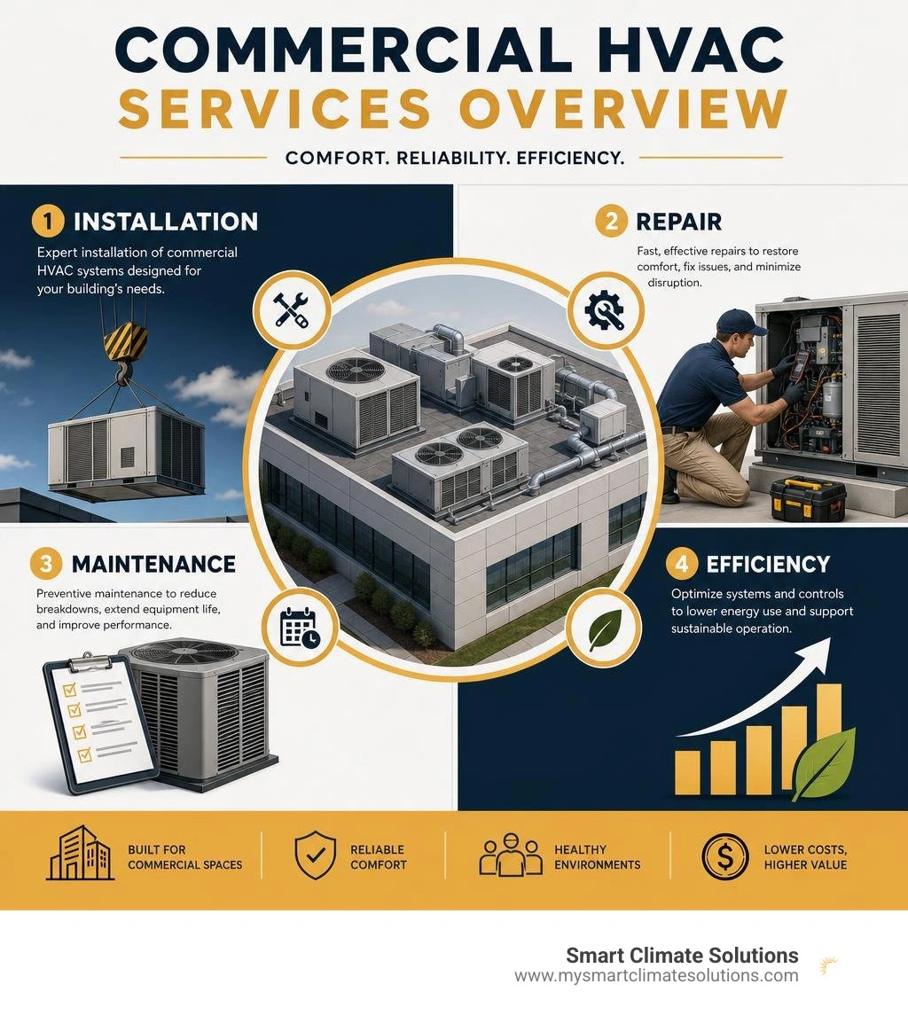 Commercial HVAC services overview: installation, repair, maintenance, and efficiency infographic Commercial HVAC services overview: installation, repair, maintenance, and efficiency infographic