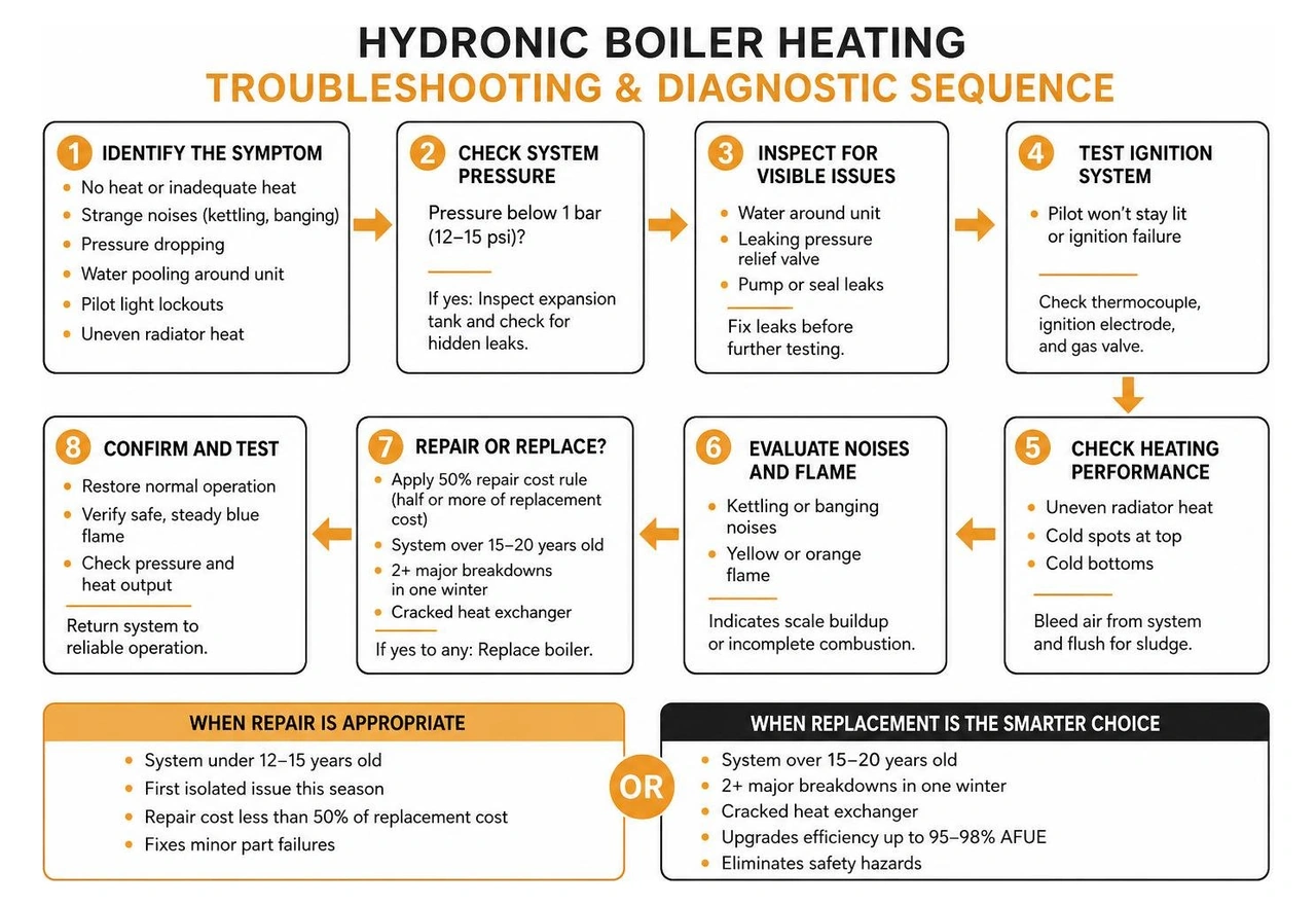 Hydronic boiler heating troubleshooting and diagnostic sequence Hydronic boiler heating troubleshooting and diagnostic sequence