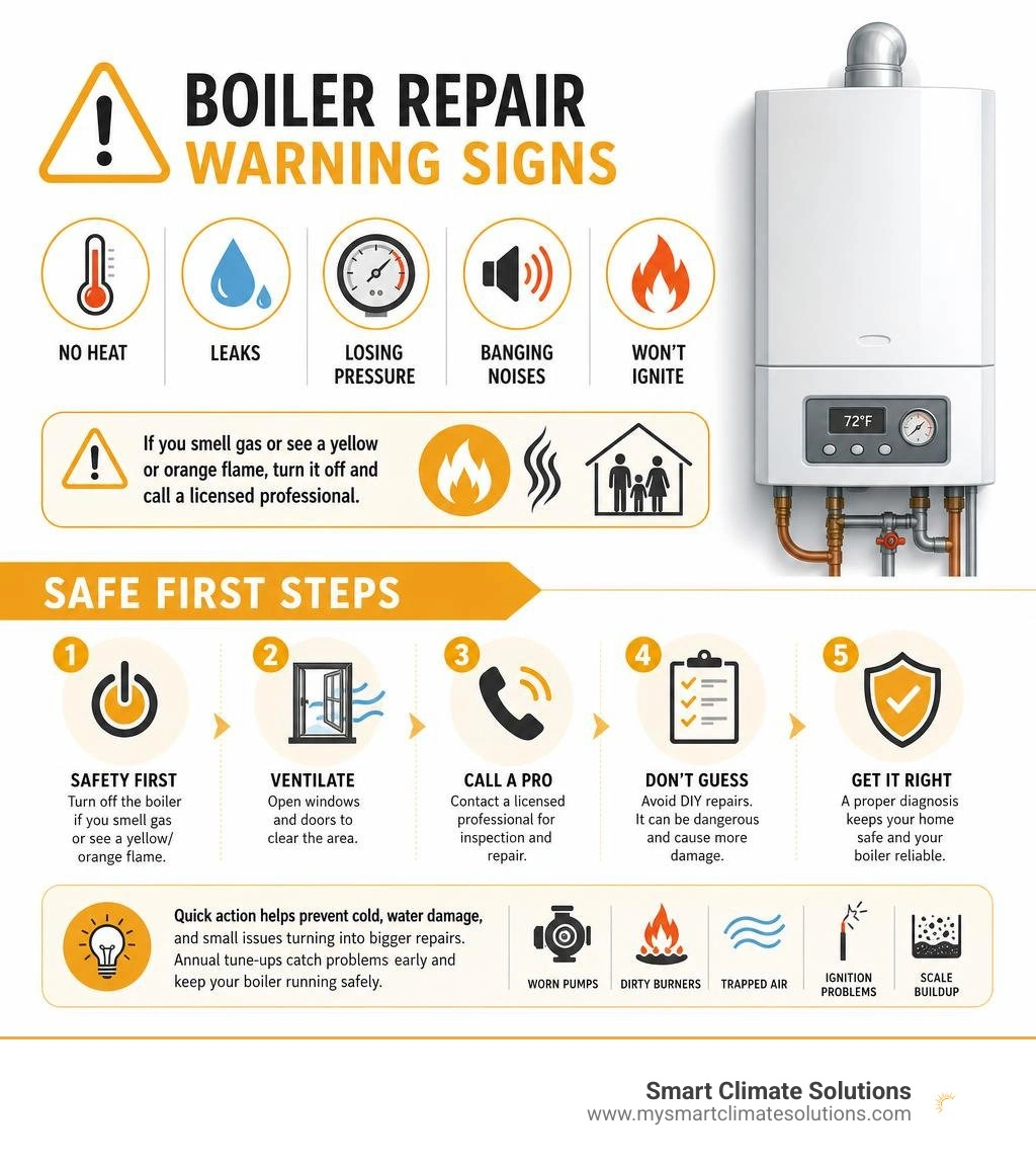 Boiler repair warning signs and safe first steps infographic Boiler repair warning signs and safe first steps infographic