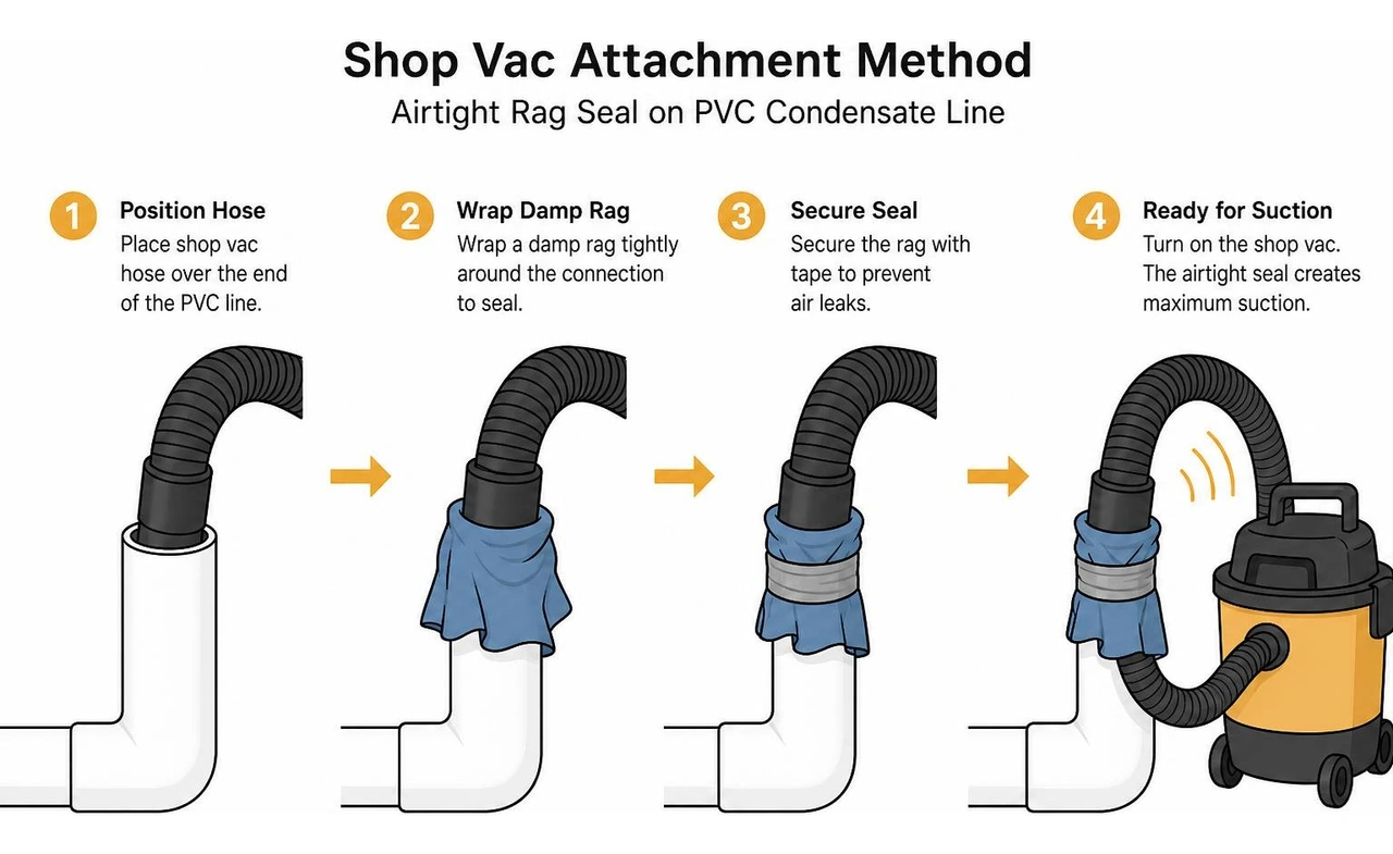 Diagram showing shop vac attachment method with airtight rag seal on PVC condensate line Diagram showing shop vac attachment method with airtight rag seal on PVC condensate line