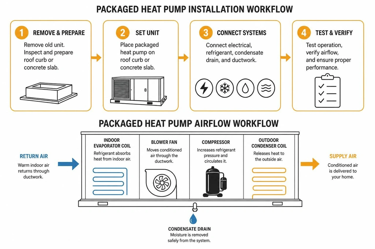 Packaged heat pump installation and airflow workflow Packaged heat pump installation and airflow workflow