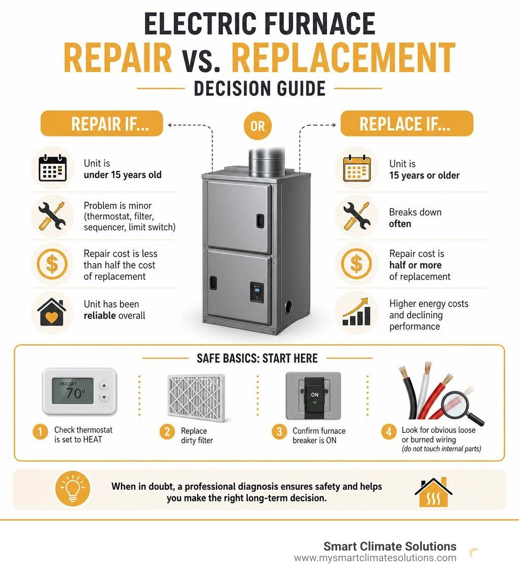 Electric furnace repair versus replacement decision guide infographic Electric furnace repair versus replacement decision guide infographic