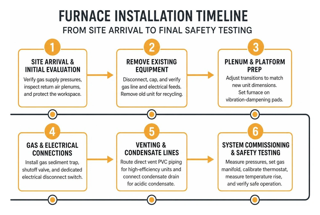 Furnace installation timeline from site arrival to final safety testing