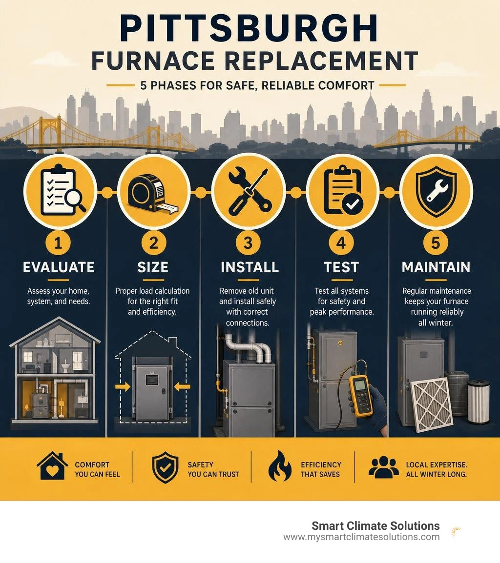 Pittsburgh furnace replacement phases: evaluate, size, install, test, and maintain infographic