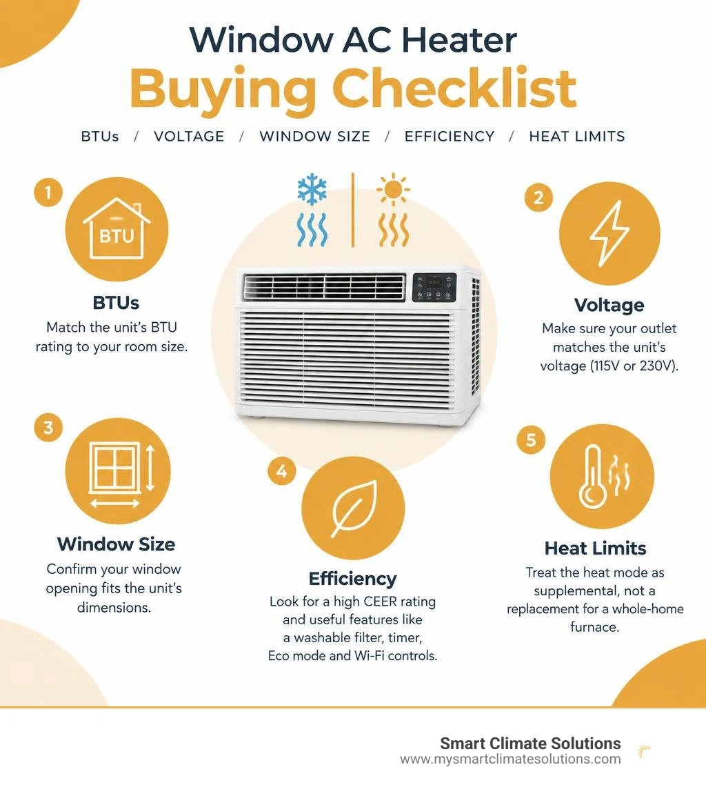 Window AC heater buying checklist: BTUs, voltage, window size, efficiency, and heat limits infographic Window AC heater buying checklist: BTUs, voltage, window size, efficiency, and heat limits infographic