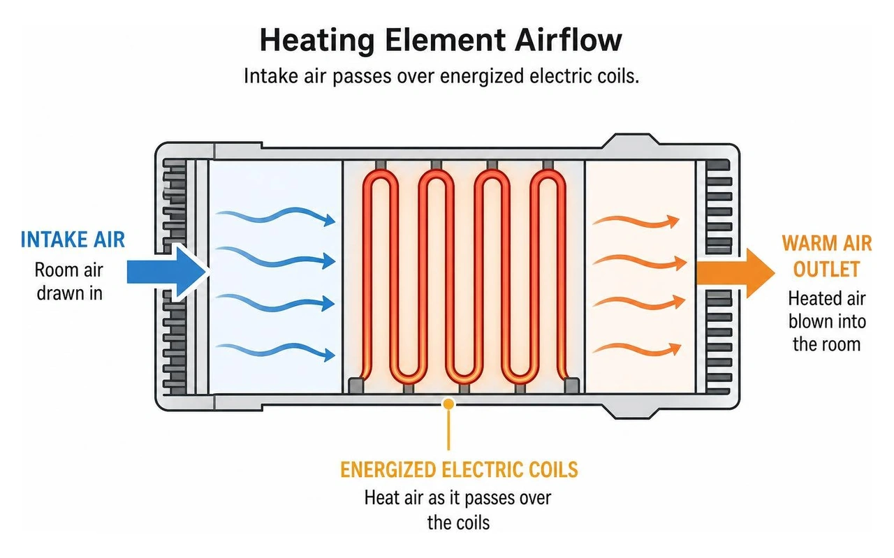 Heating element airflow diagram showing intake air passing over energized electric coils Heating element airflow diagram showing intake air passing over energized electric coils