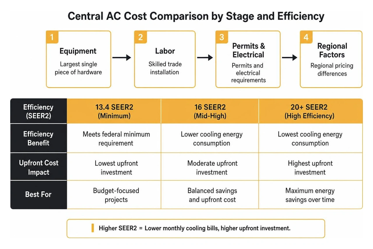 Central AC cost comparison by stage and efficiency