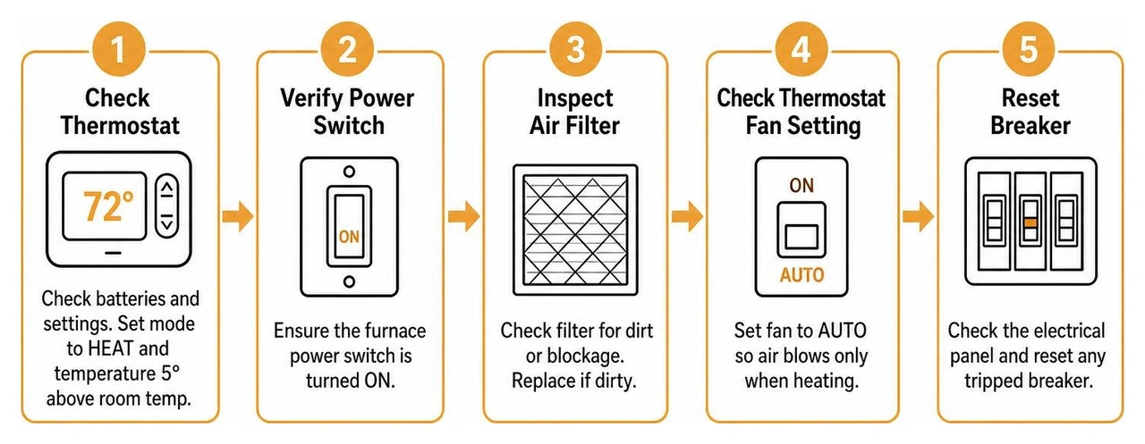 Furnace troubleshooting sequence from thermostat check to filter inspection and breaker reset
