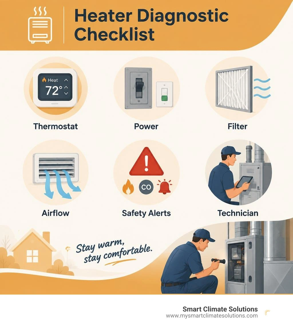Heater diagnostic checklist: thermostat, power, filter, airflow, safety alerts, technician infographic