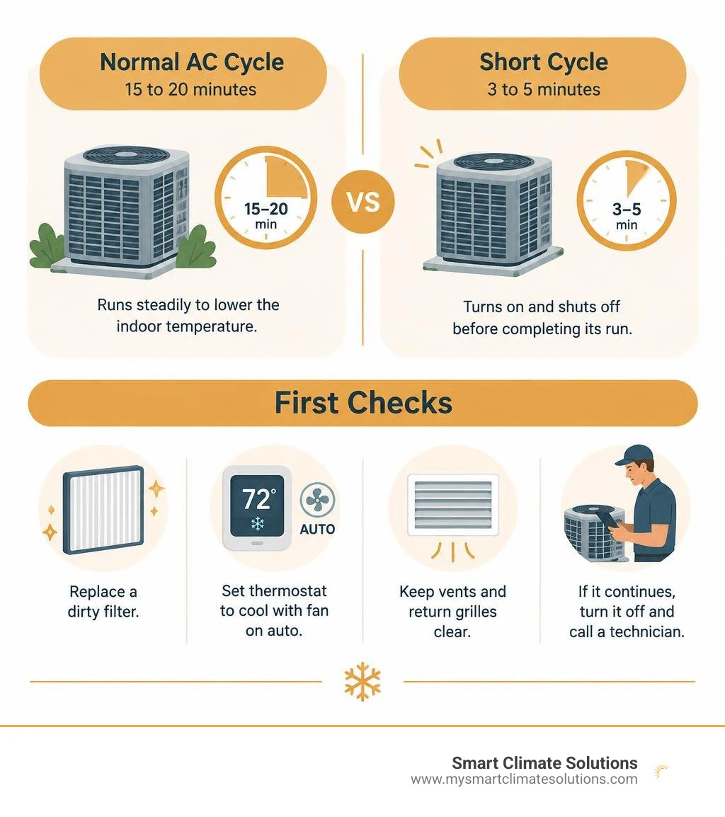 Normal 15 to 20 minute AC cycle versus 3 to 5 minute short cycle, with first checks infographic Normal 15 to 20 minute AC cycle versus 3 to 5 minute short cycle, with first checks infographic