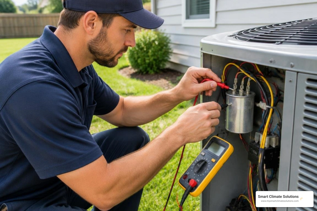 Multimeter testing electrical dual run capacitor on outdoor unit Multimeter testing electrical dual run capacitor on outdoor unit