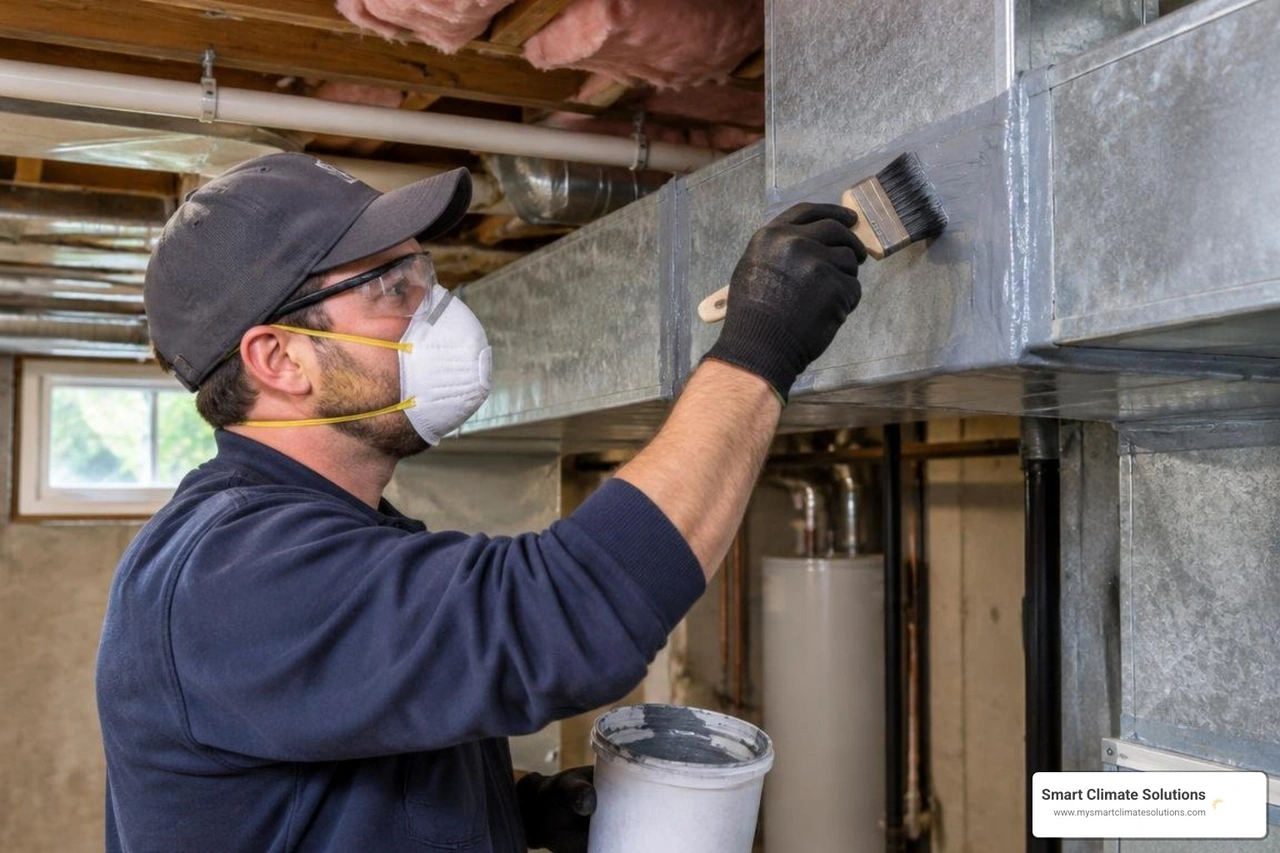 technician performing ductwork inspection and sheet metal airflow sealing in basement technician performing ductwork inspection and sheet metal airflow sealing in basement