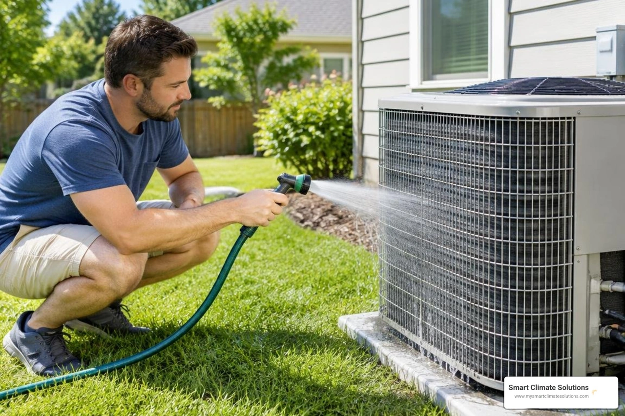 Homeowner using a gentle garden hose stream to rinse outdoor condenser coils Homeowner using a gentle garden hose stream to rinse outdoor condenser coils