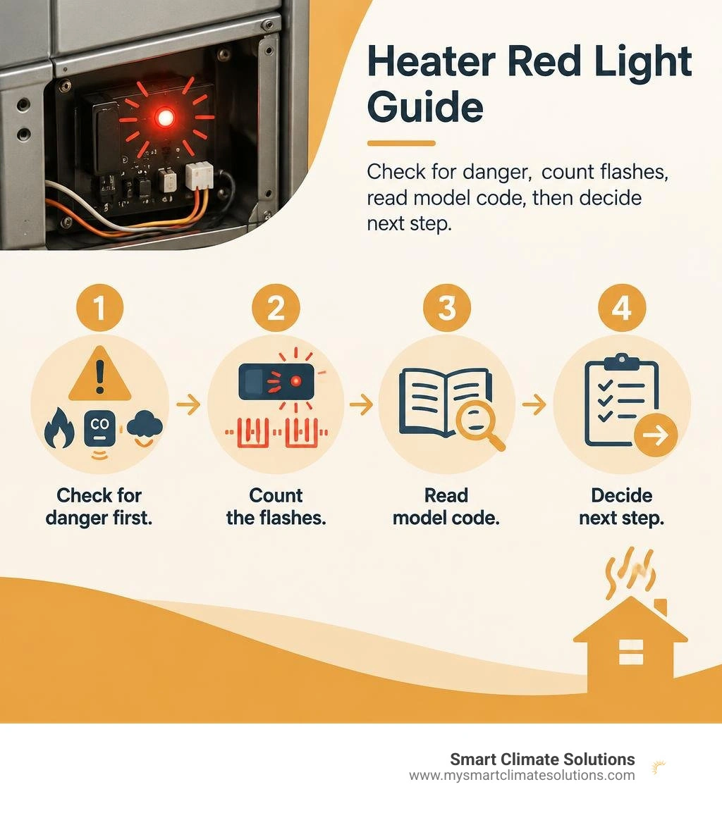 Heater red light guide: check for danger, count flashes, read model code, then decide next step infographic Heater red light guide: check for danger, count flashes, read model code, then decide next step infographic