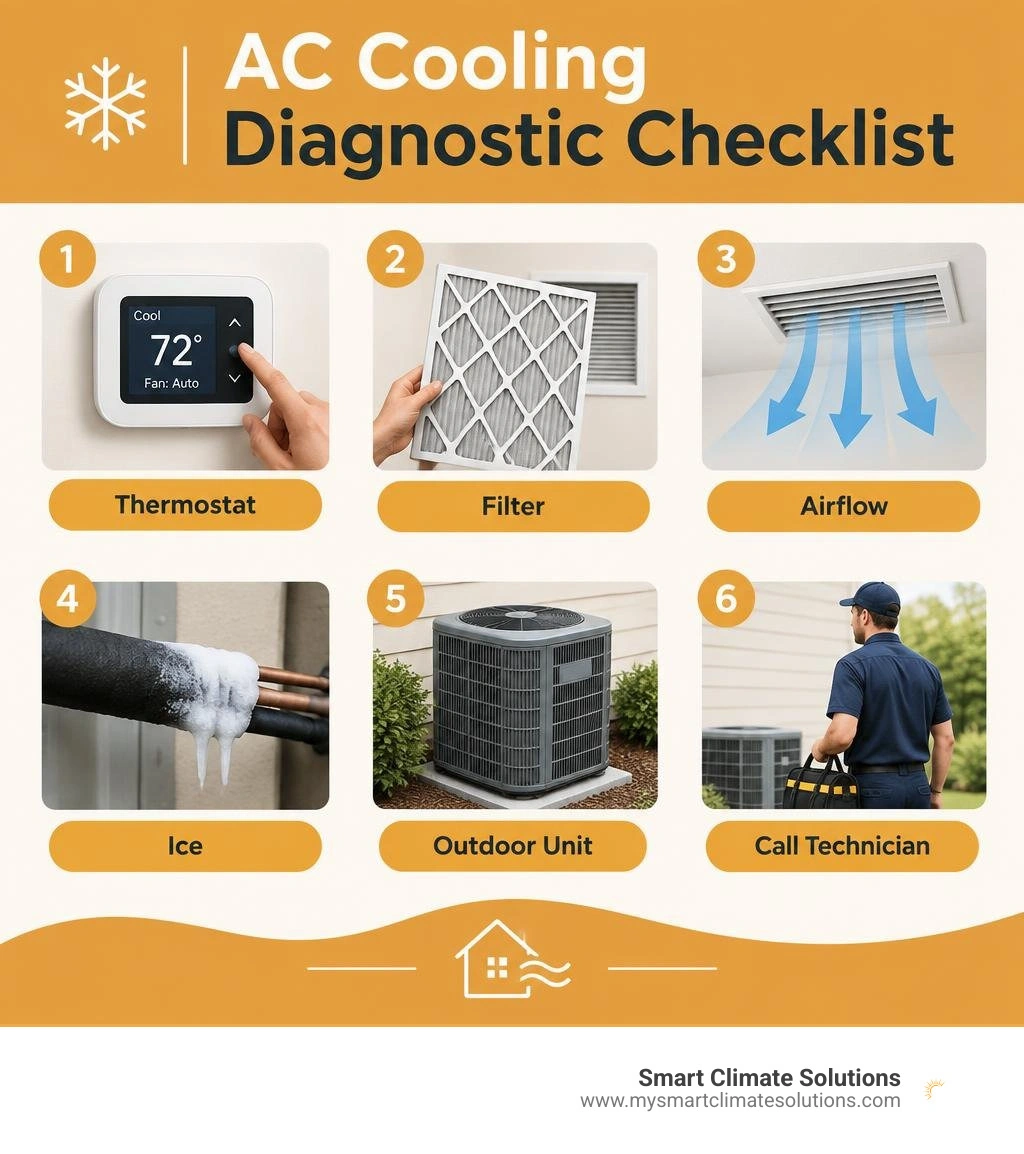 AC cooling diagnostic checklist: thermostat, filter, airflow, ice, outdoor unit, call technician infographic