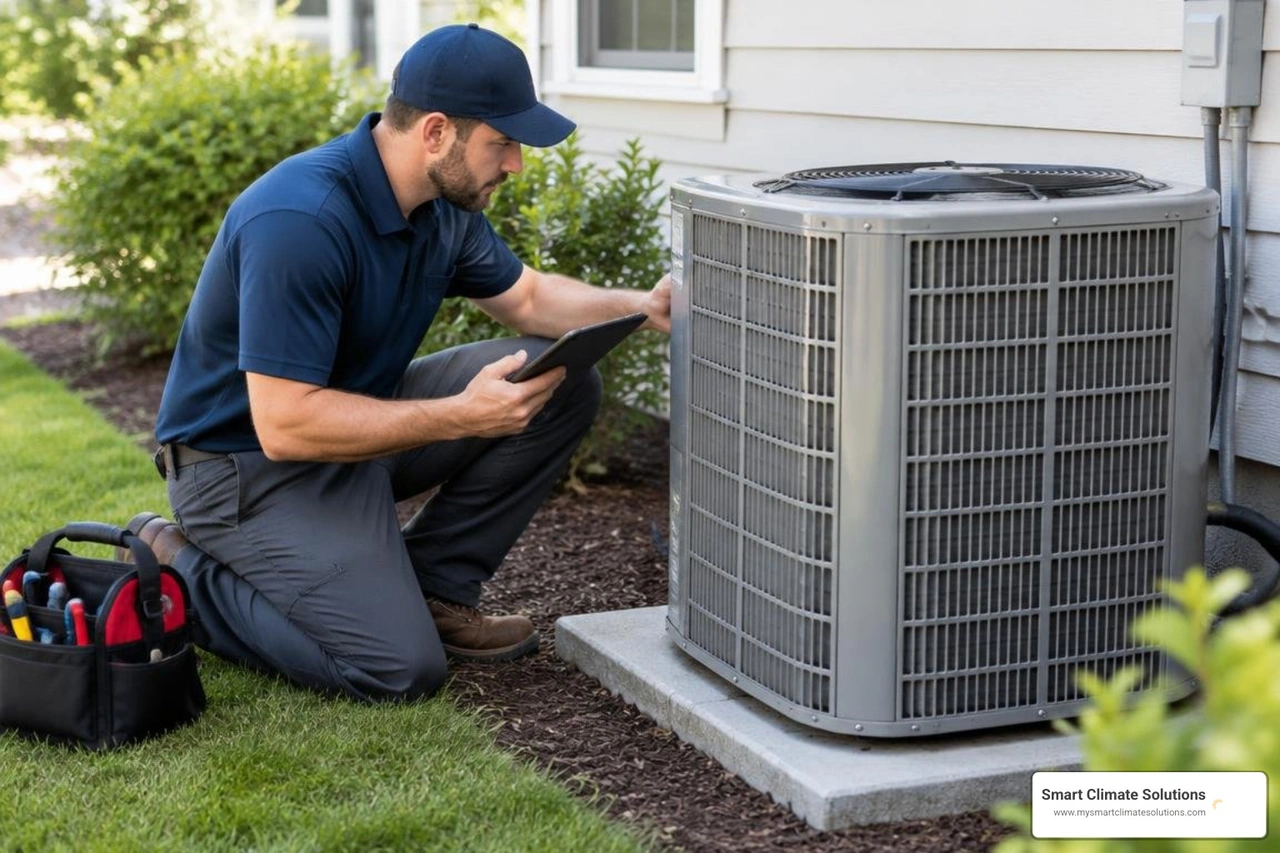 HVAC technician inspecting an outdoor condensing unit HVAC technician inspecting an outdoor condensing unit