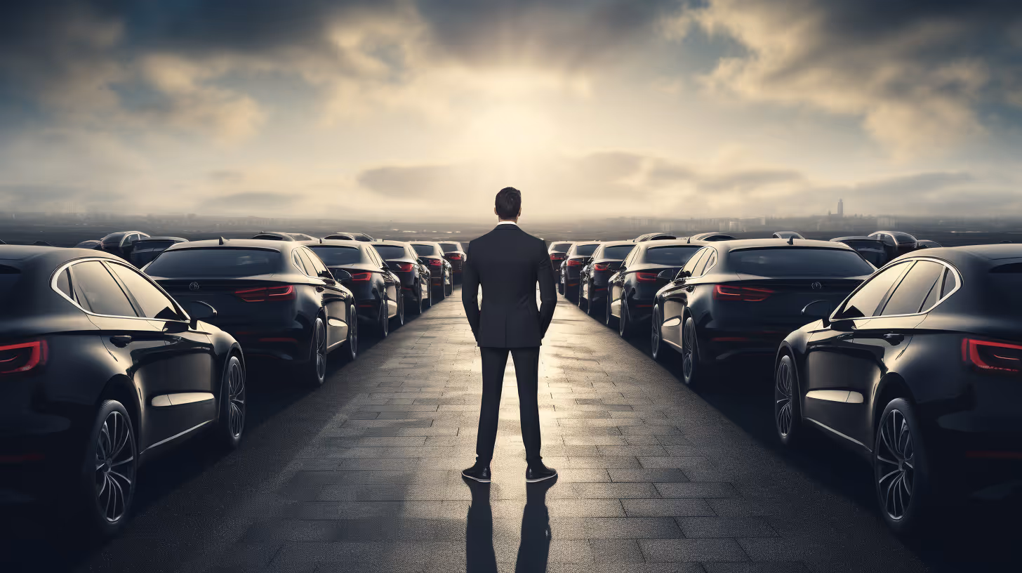 Man standing in front of a filled used dealer car lot