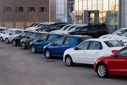 Multi-rooftop dealer lot with rows of used cars available for private-party acquisition