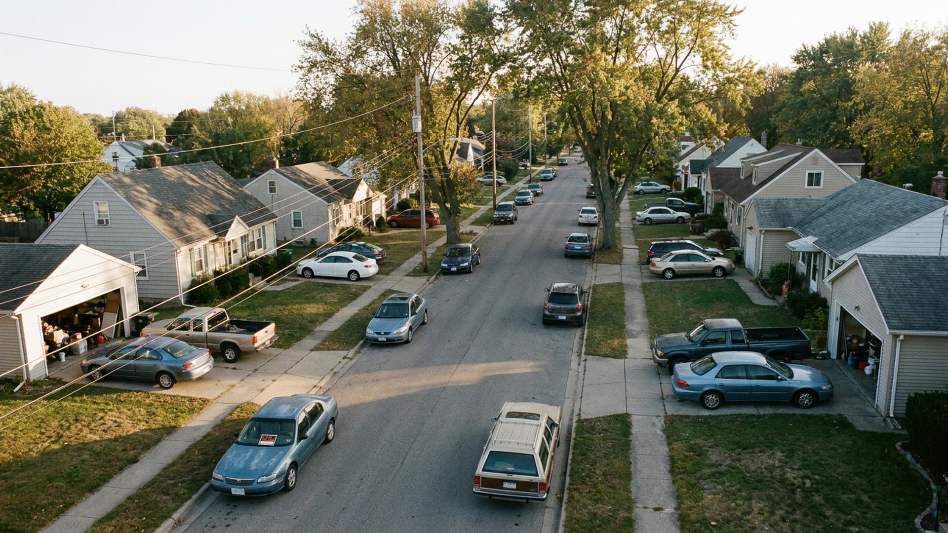 Aerial view of a suburban street with used cars parked in driveways