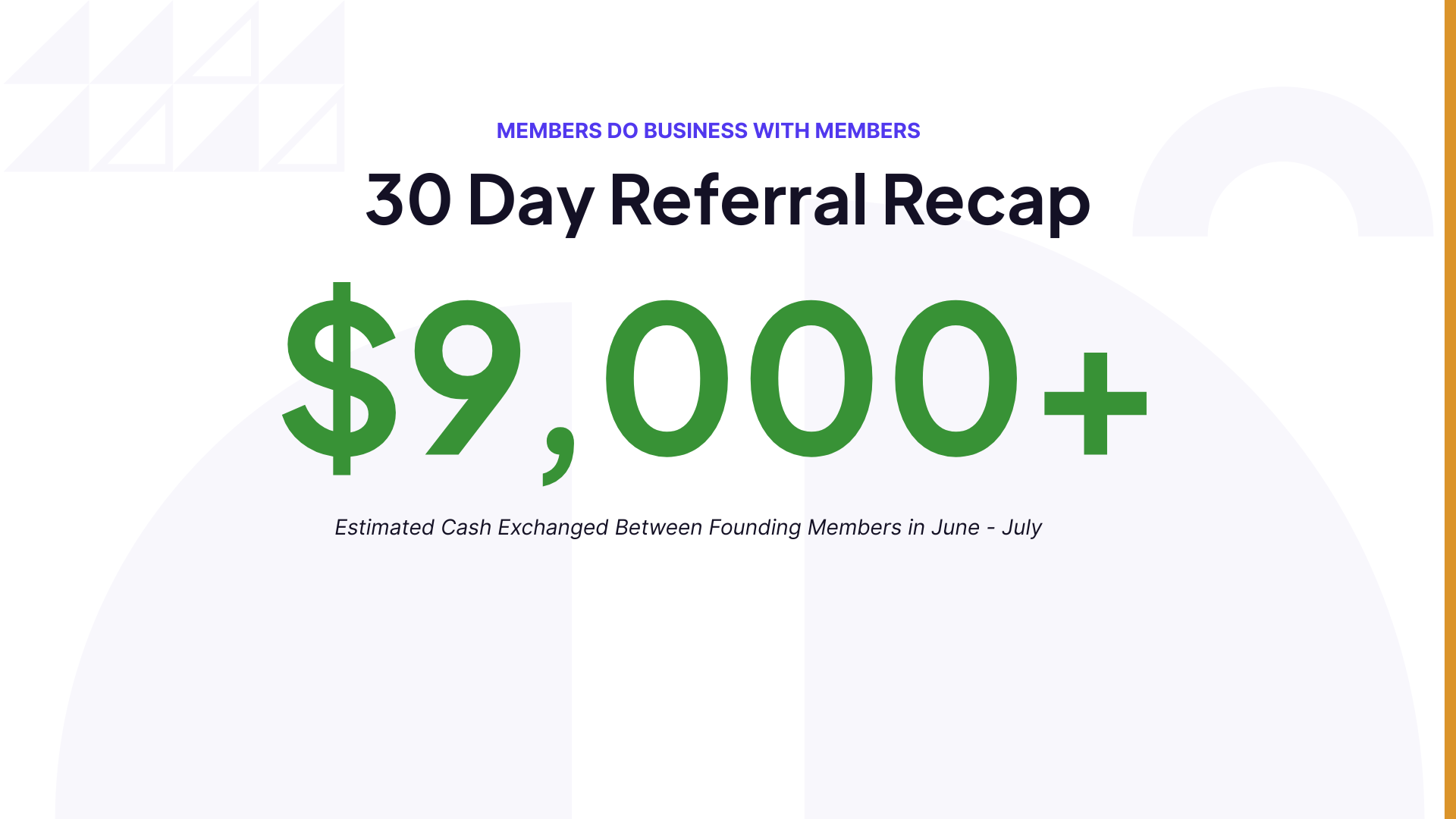 30 day referal recap amount of $9,000 exchanged between founding members