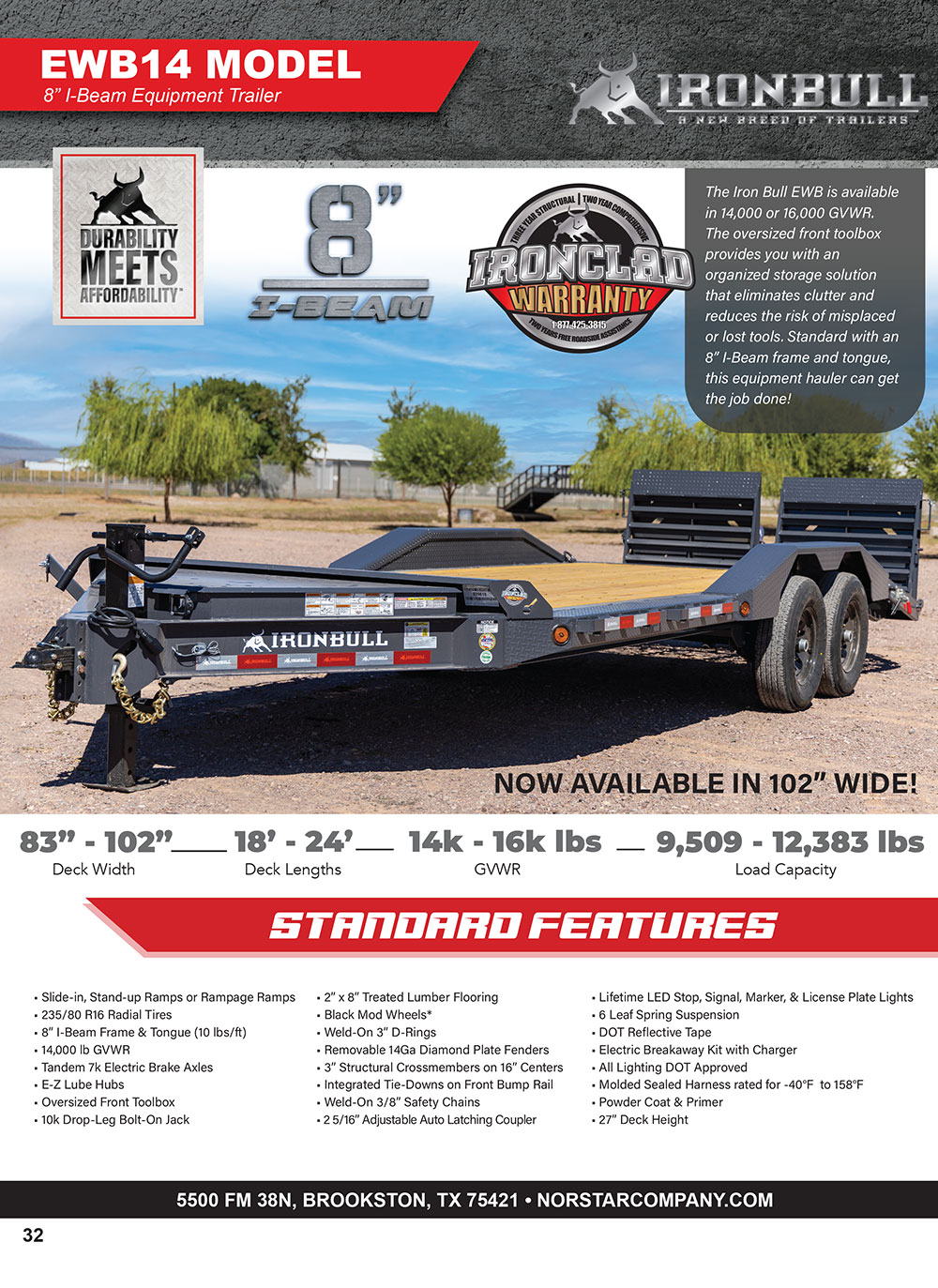 EWB 16k mini beam equipment hauler trailer product catalog page 1