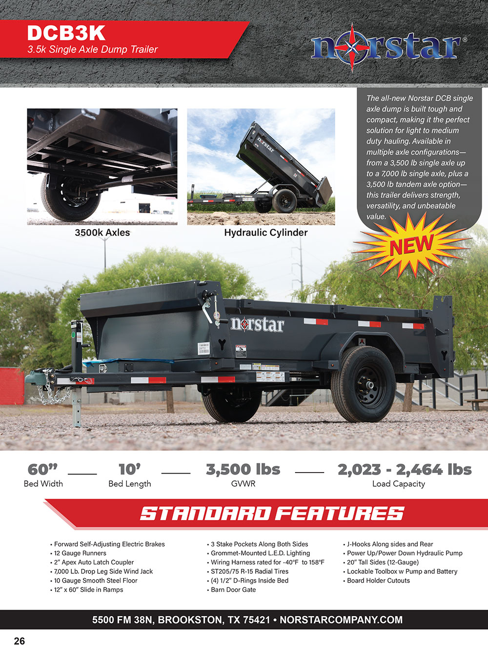 DCB3k single axle dump trailer product catalog page 1