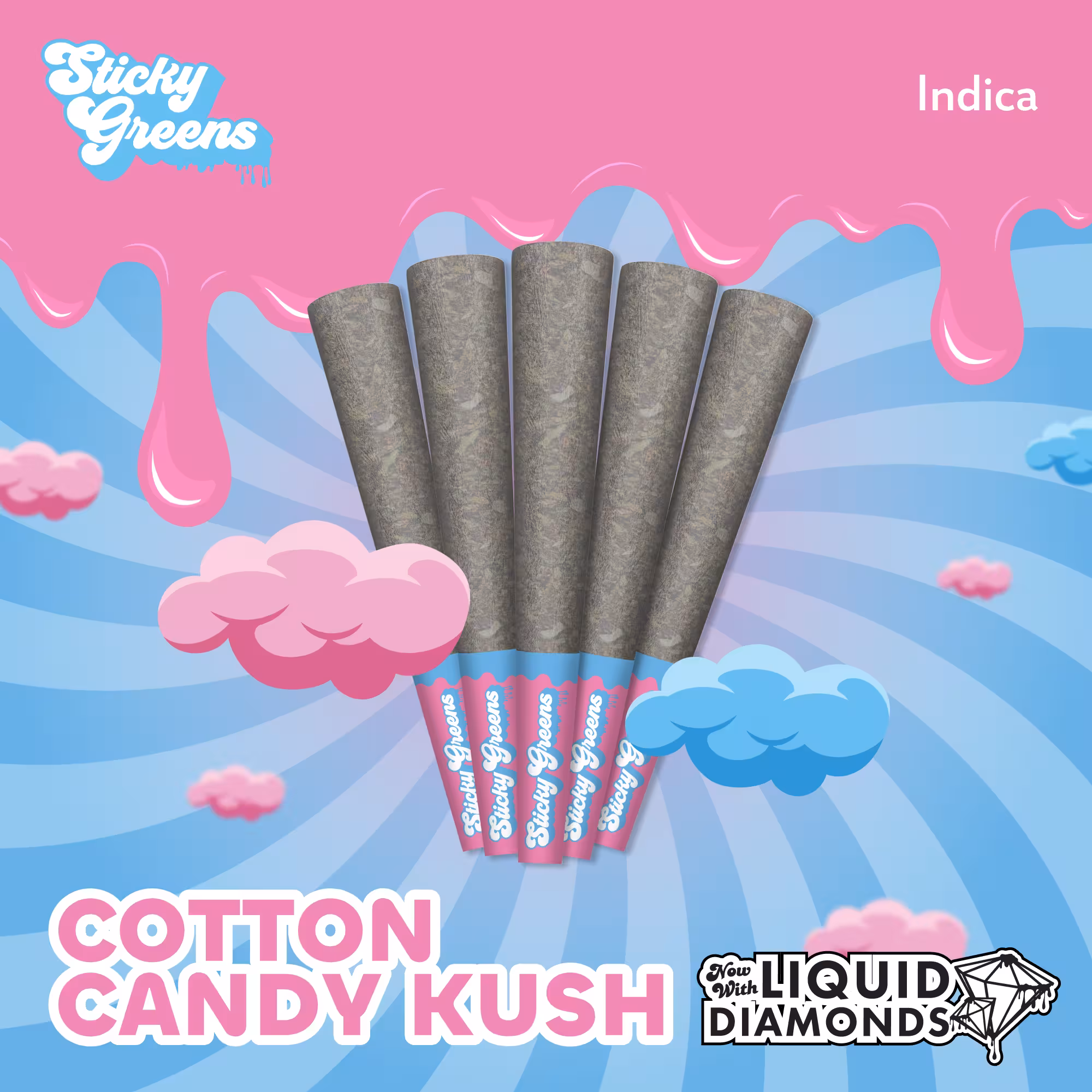 Sticky Greens Cotton Candy Kush Indica Liquid Diamonds Infused Pre-Rolls 