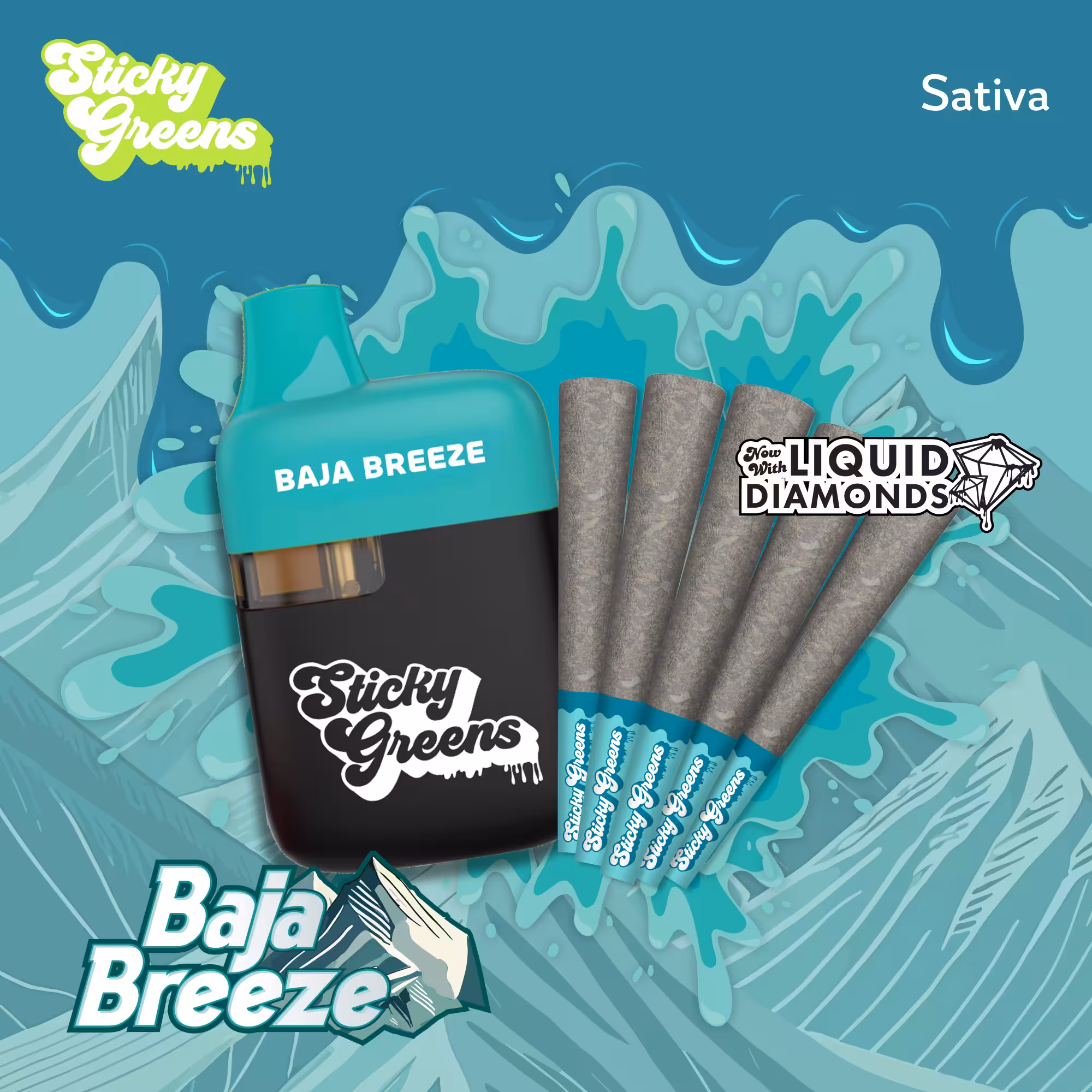 Sticky Greens Baja Breeze Sativa with Liquid Diamonds Vape Cartridge