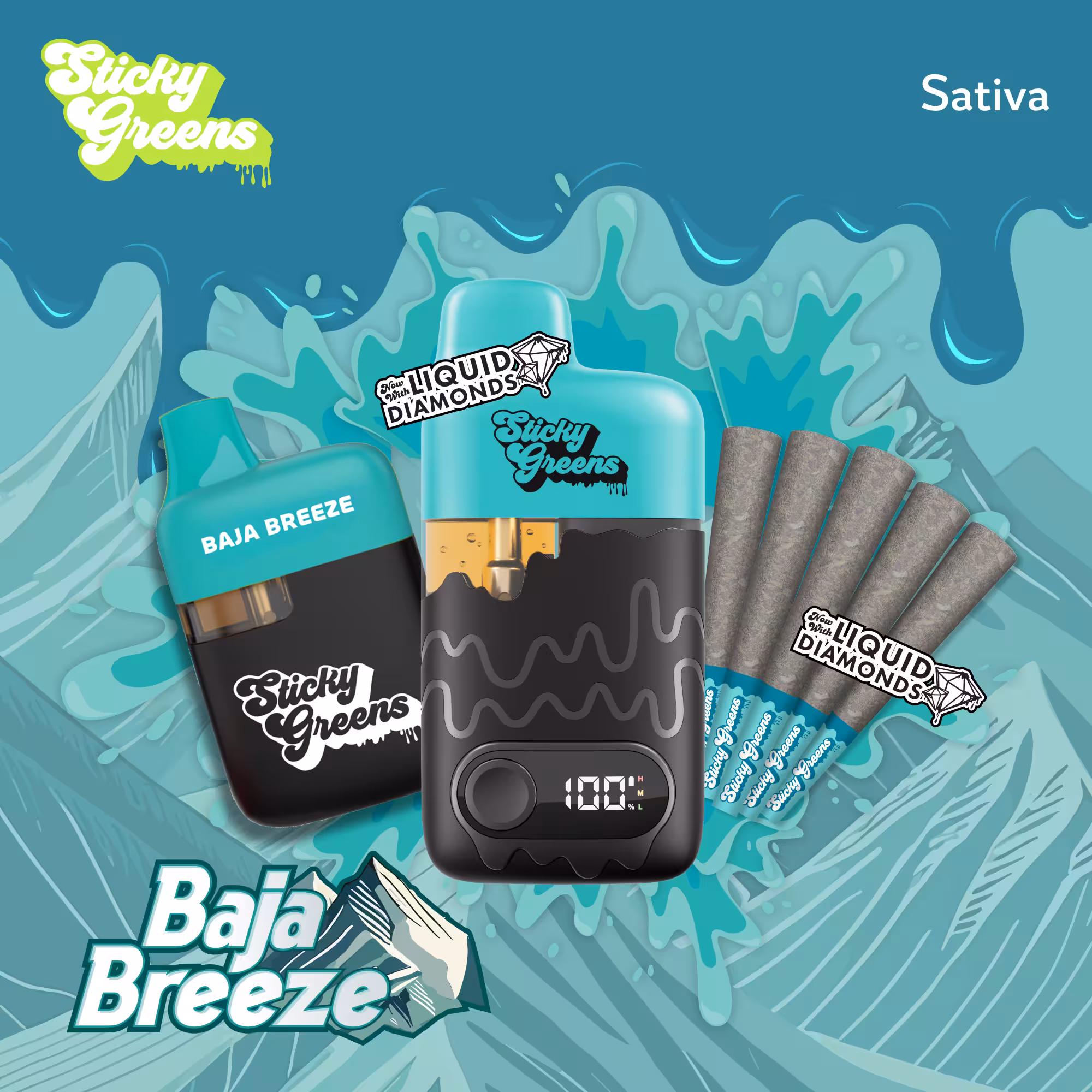 Sticky Greens Baja Breeze Sativa with Liquid Diamonds Vape Cartridge