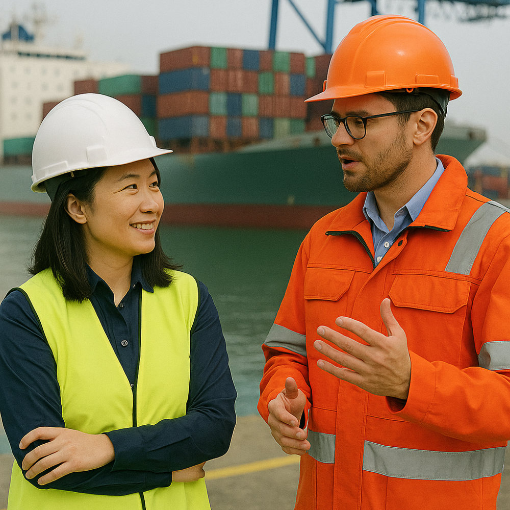 Asian female dock engineer in neon safety vest and Caucasian male supervisor in orange coveralls, both wearing hard hats, discuss port logistics beside a cargo ship stacked with colorful containers.