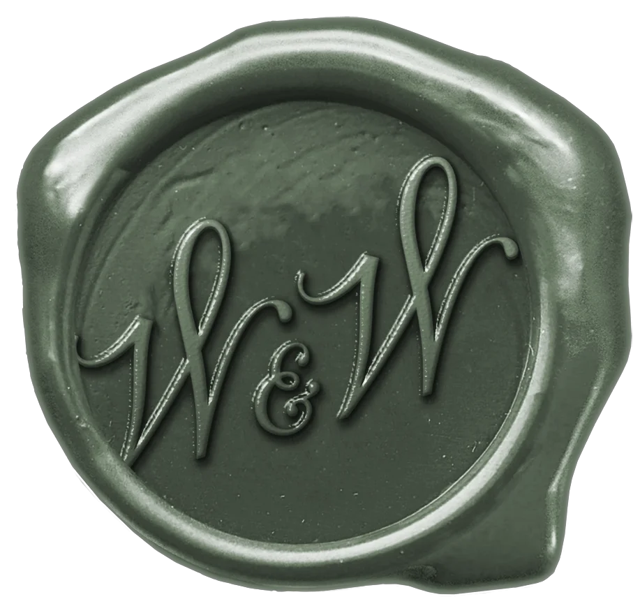 Green wax seal embossed with the letters 'W & W' in cursive script.