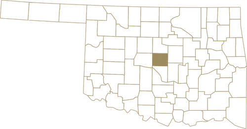 Map of Oklahoma showing county boundaries and main highways marked in red and yellow lines.