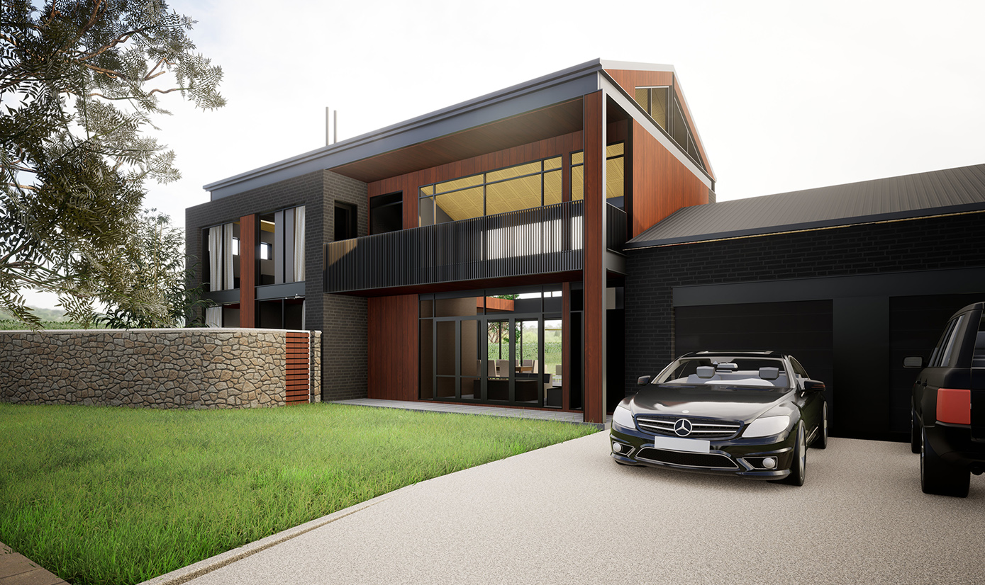 Architect designed luxury duplex by Brisbane architects Quorum Studios showcasing ultra modern design with integrated garage and premium finishes. Top luxury architects Brisbane demonstrating residential architects' expertise in contemporary dual-occupancy