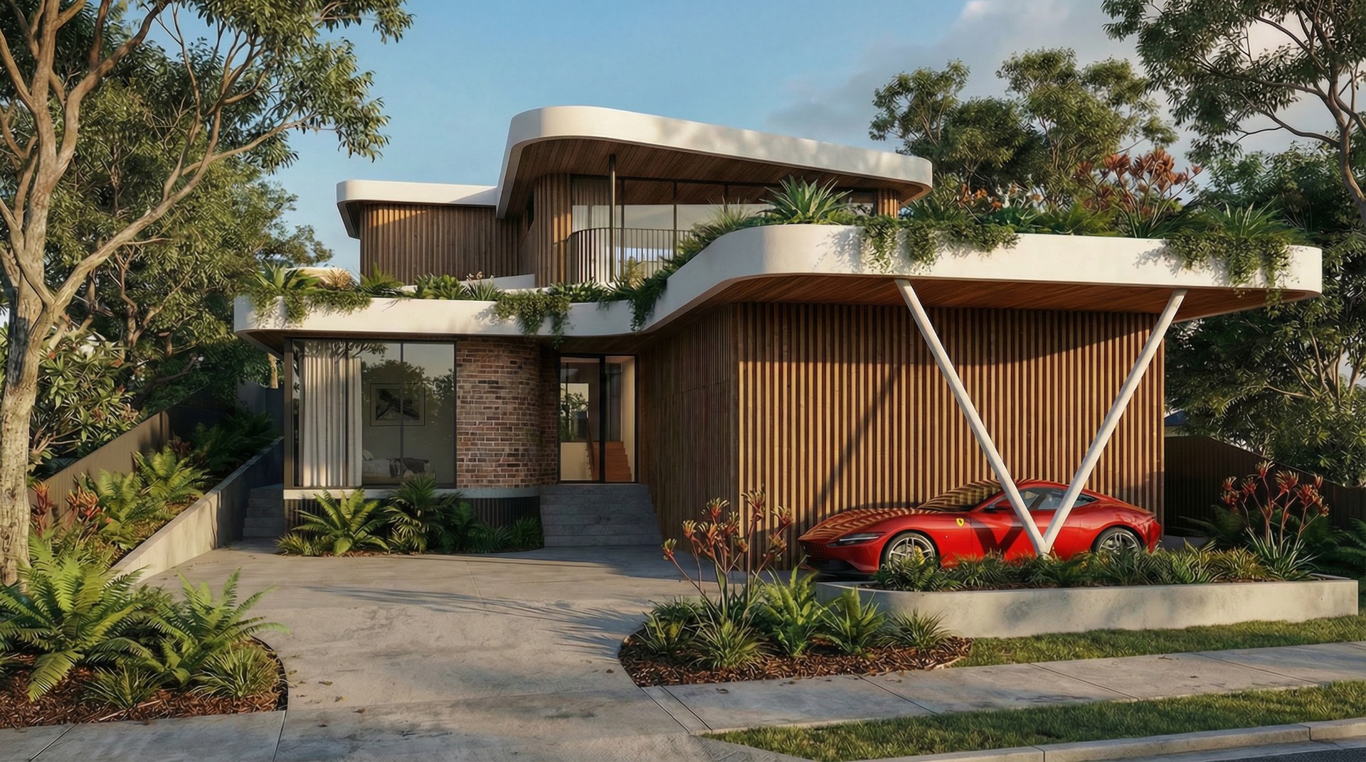Ultra modern contemporary residence in Coorparoo by Quorum Studios, residential architects creating curved green roof design with biophilic timber and stone materials.