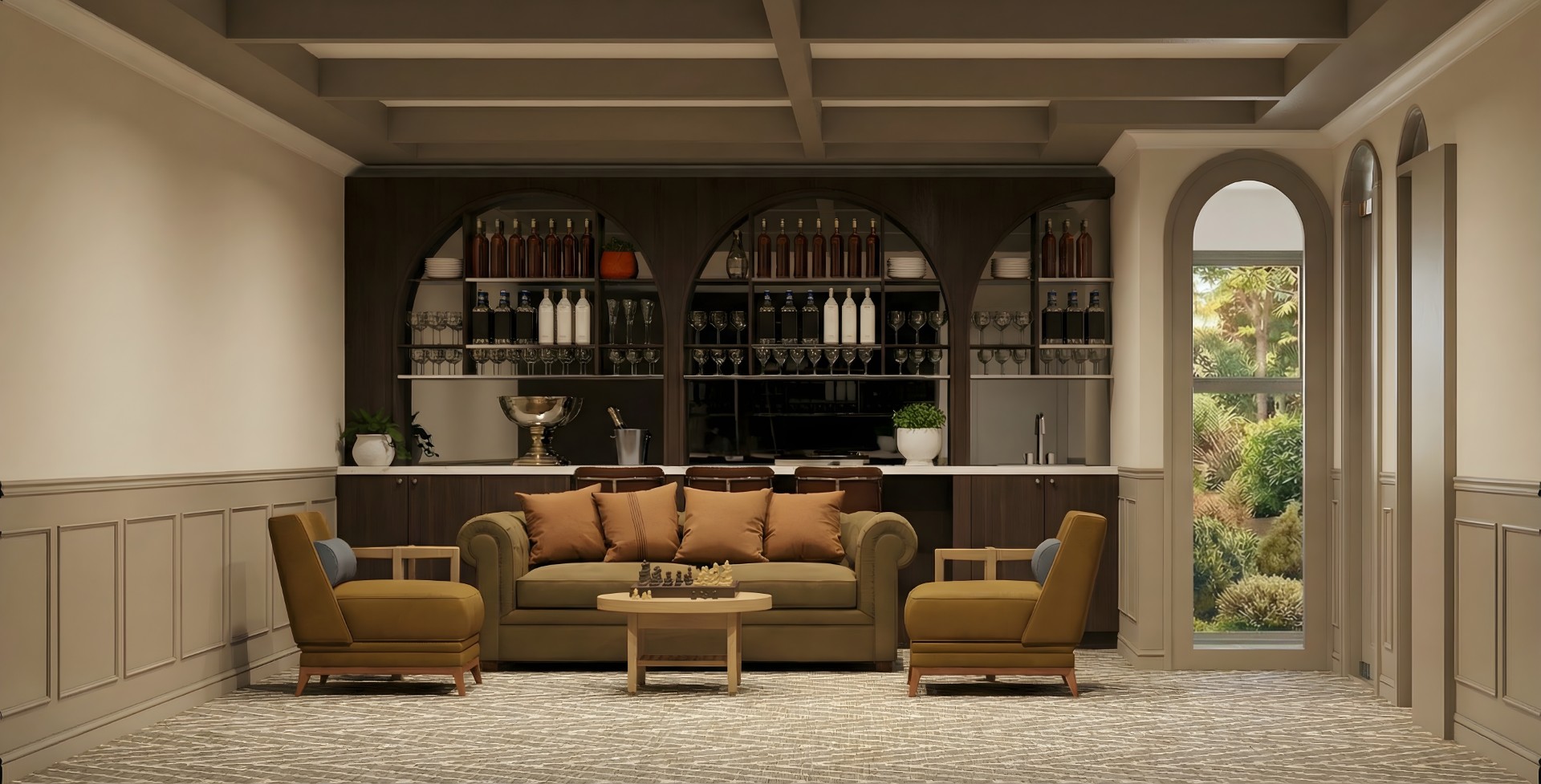 Tarragindi Queenslander games room featuring coffered ceiling design, custom wet bar with arched cabinetry, wine storage, billiard table, and lounge seating - Brisbane character home renovation by Quorum Studios