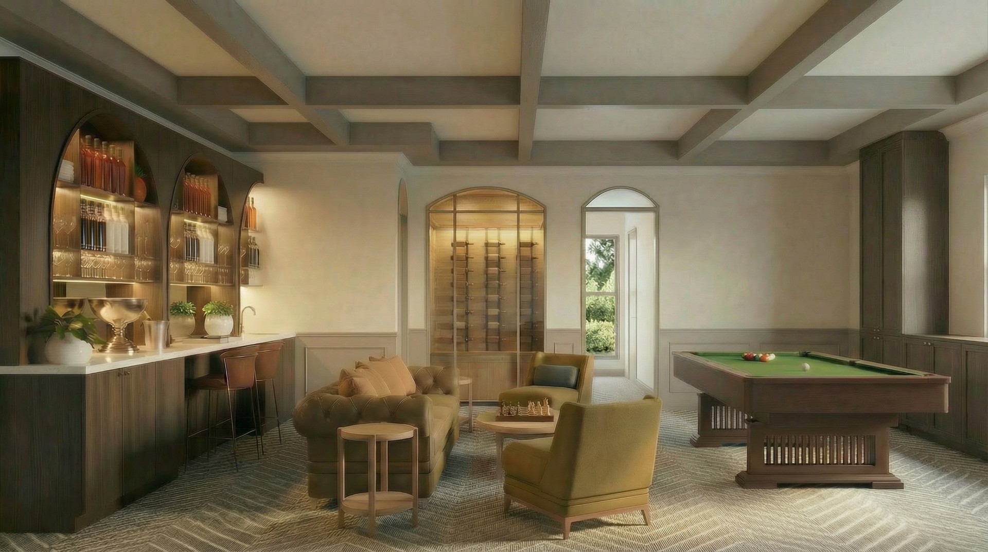 Custom wet bar with arched display shelving and wine storage in Tarragindi character home games room - Brisbane residential architecture under house conversion with coffered ceiling and herringbone flooring. Brisbane character home renovation by Quorum Stu