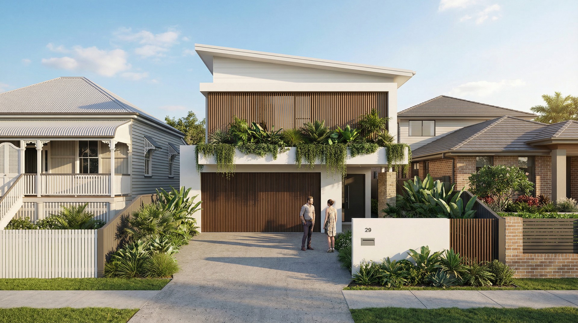 Street view of renovated residential facade with vertical timber screening - Brisbane architects contemporary design Thornside