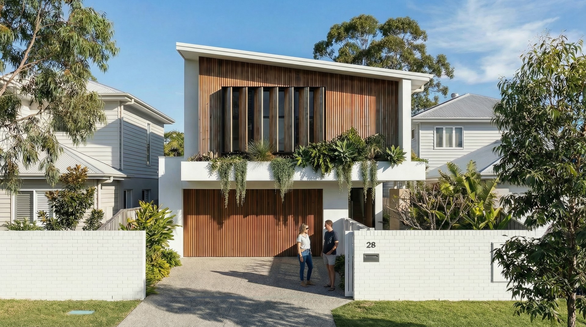 Modern facade upgrade by Quorum Studios featuring timber battening and green planters - Thornside coastal residence Brisbane
