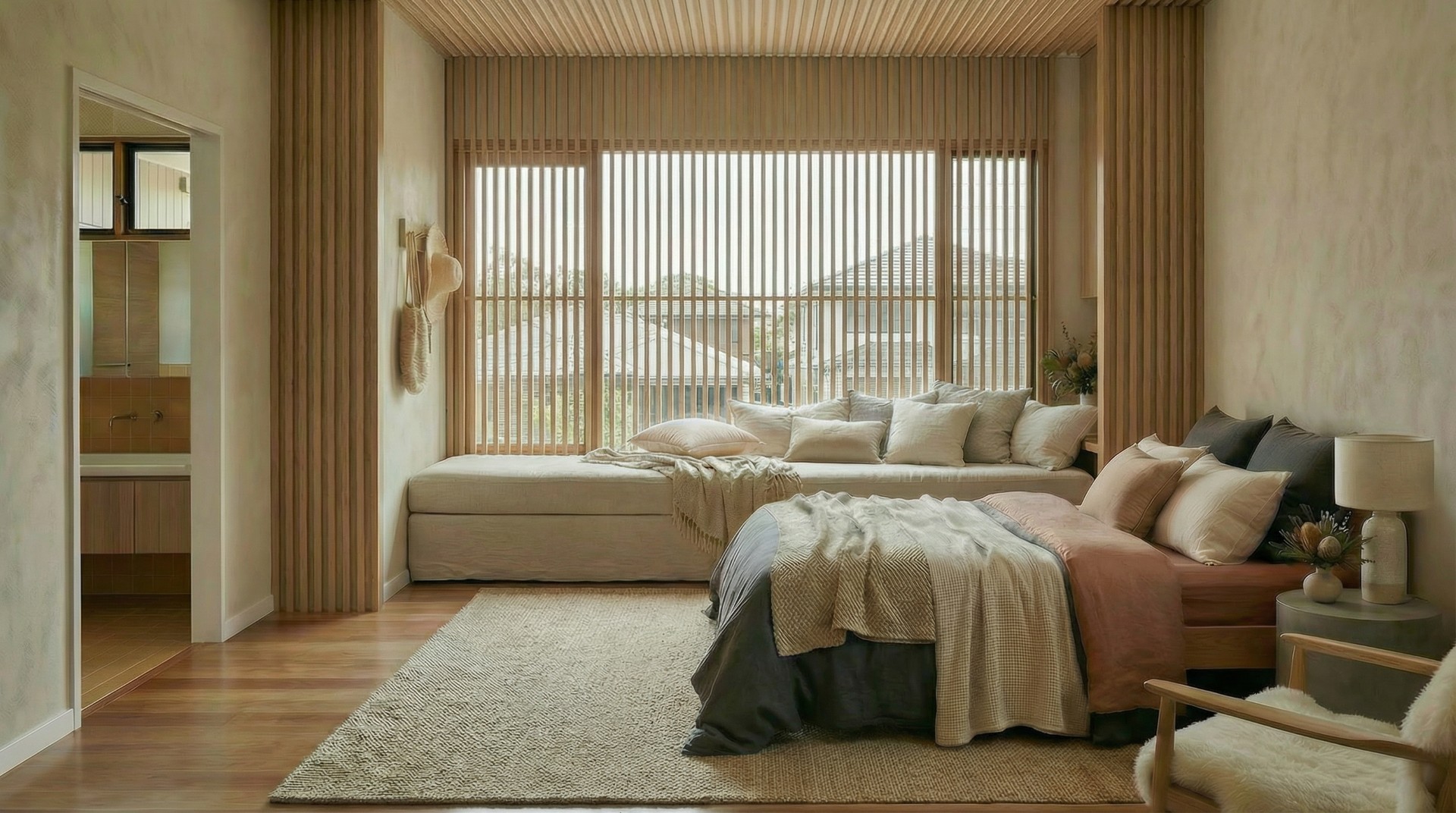 Luxury master bedroom interior with timber ceiling screening and natural light - Brisbane residential architects renovation