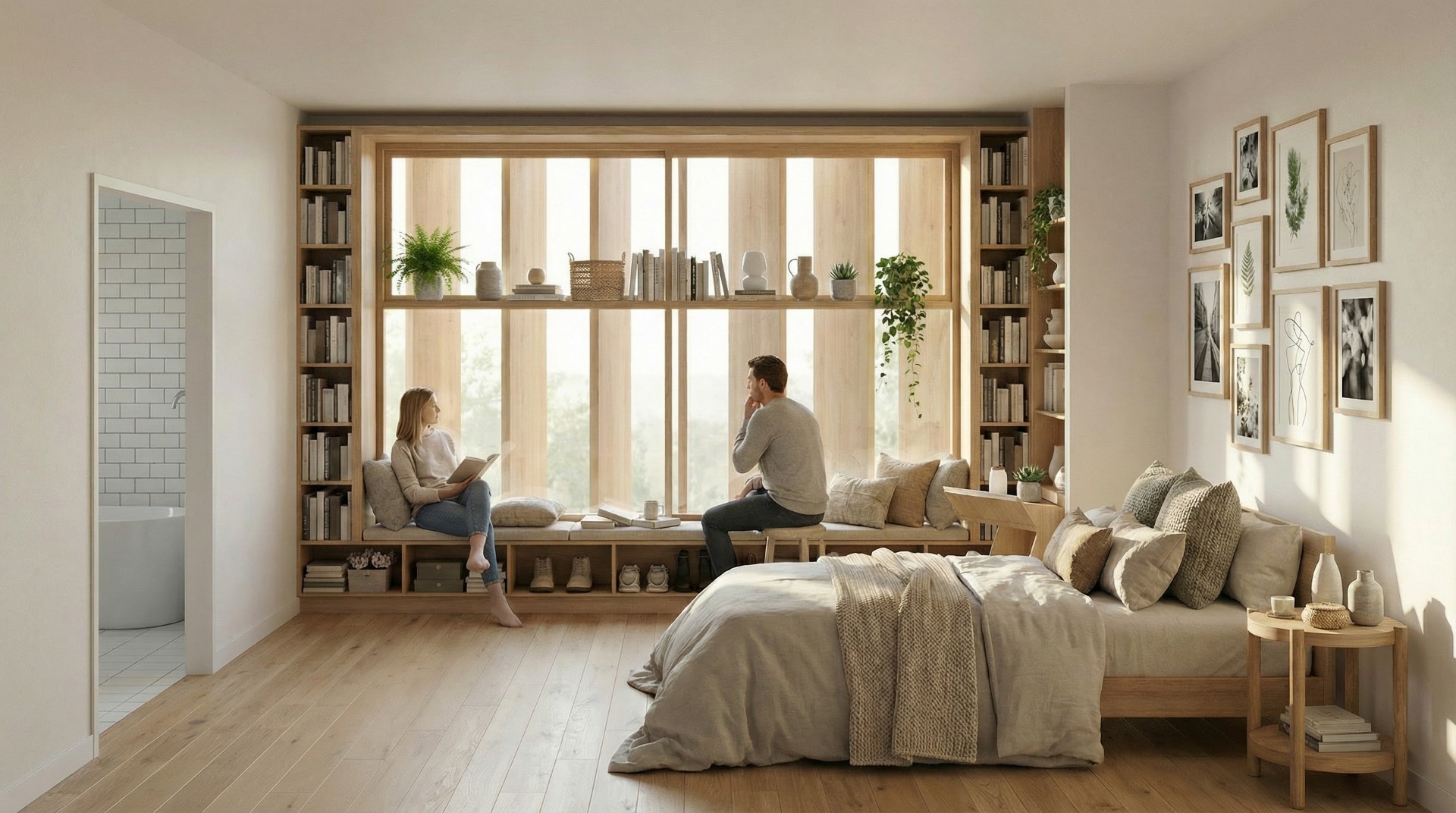 Contemporary master suite with built-in window seat and ocean views - luxury home architects Brisbane South