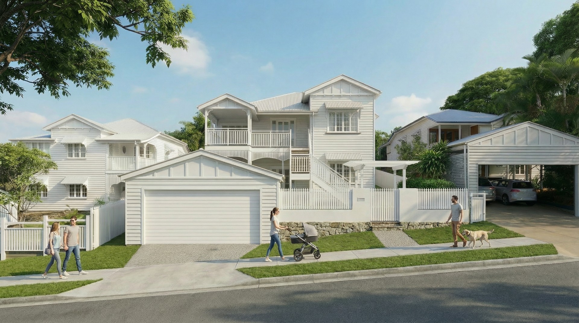 A traditional character home alteration in Alderley, Brisbane, designed by Quorum Studios. Street view of a renovated two-story white wooden Queenslander house with garage, white picket fencing, and landscaped gardens with an adult and child walking nearby
