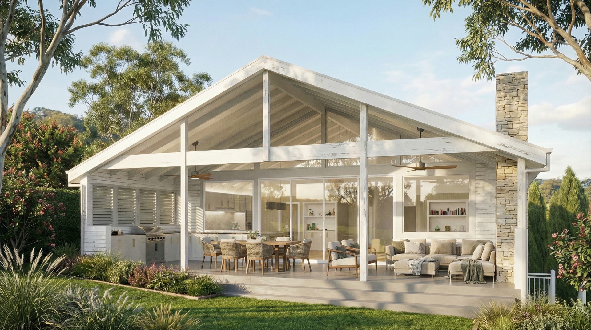 Contemporary alfresco entertaining area Alderley Brisbane by Quorum Studios architects with indoor-outdoor living and pitched roof design