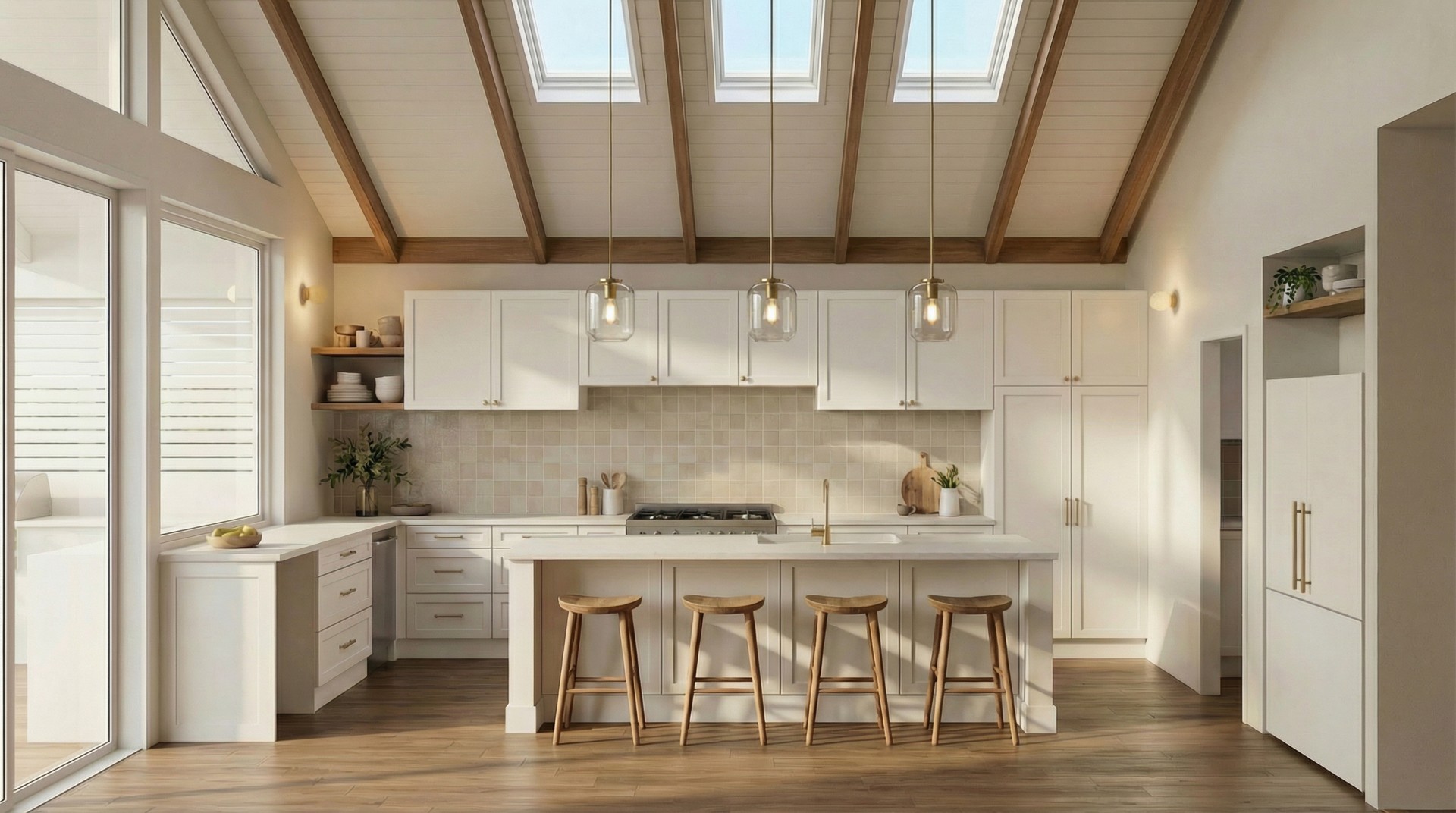 Luxury kitchen design in renovated Alderley character home, Brisbane, showcasing exposed timber rafter ceiling, white shaker-style cabinetry, island bench with timber bar stools, and skylights - residential architecture by Quorum Studios