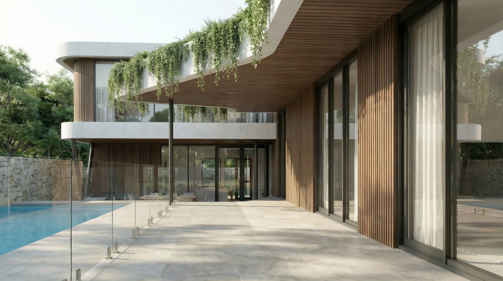 Contemporary luxury home with outdoor entertaining in Coorparoo by Brisbane architects Quorum Studios featuring ultra modern curved roofline and biophilic living roof elements.