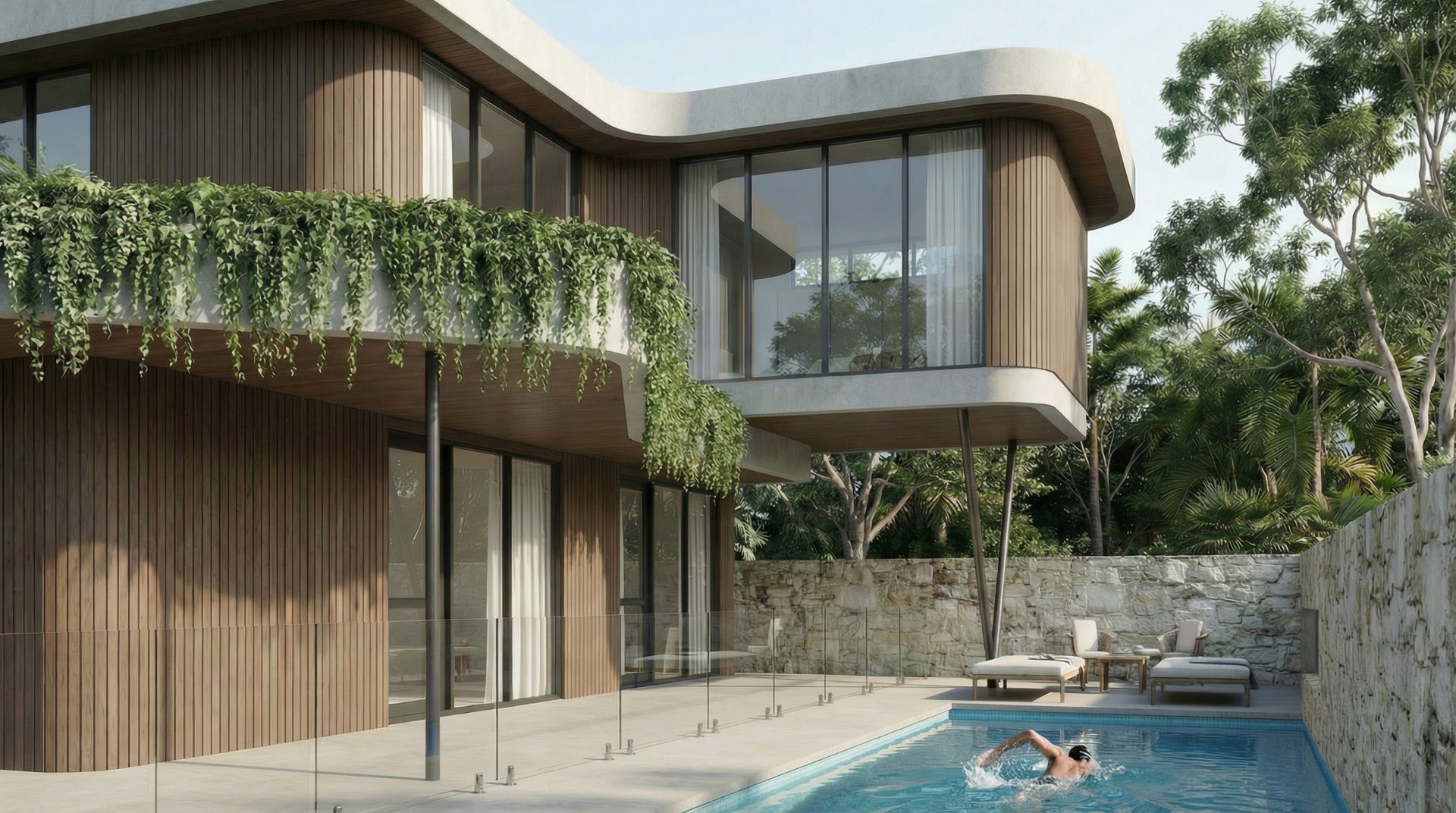 Luxury contemporary home with pool by Quorum Studios Brisbane architects, subtropical modernism design with curved forms and landscape integration