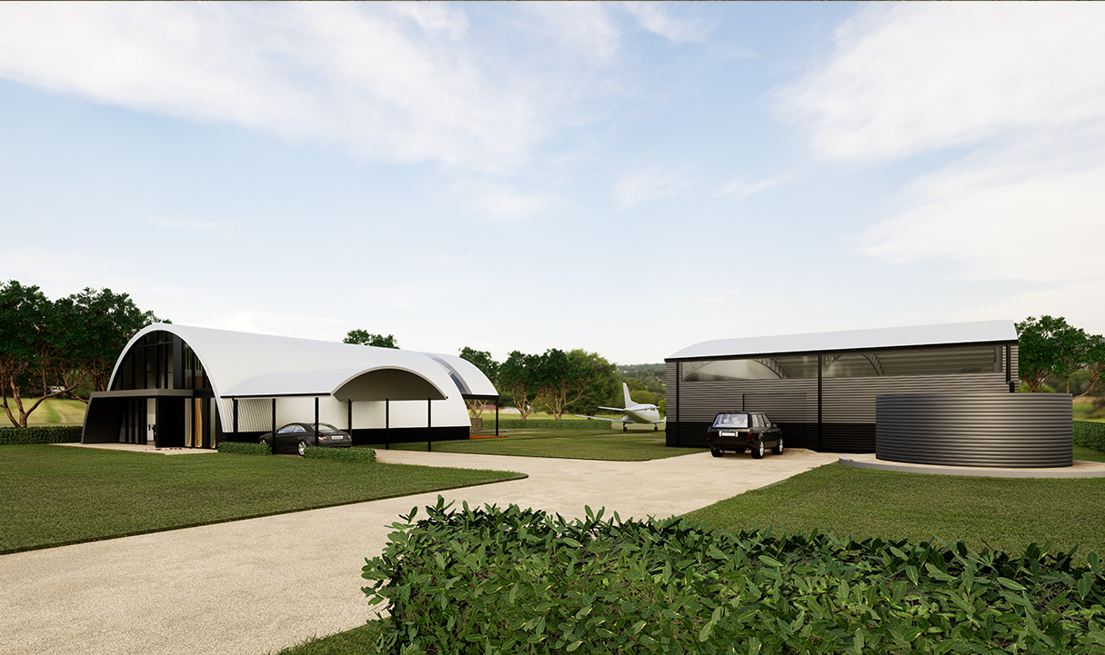 Bespoke aircraft hangar home by Brisbane architects Quorum Studios featuring curved barrel vault architecture and luxury residence.